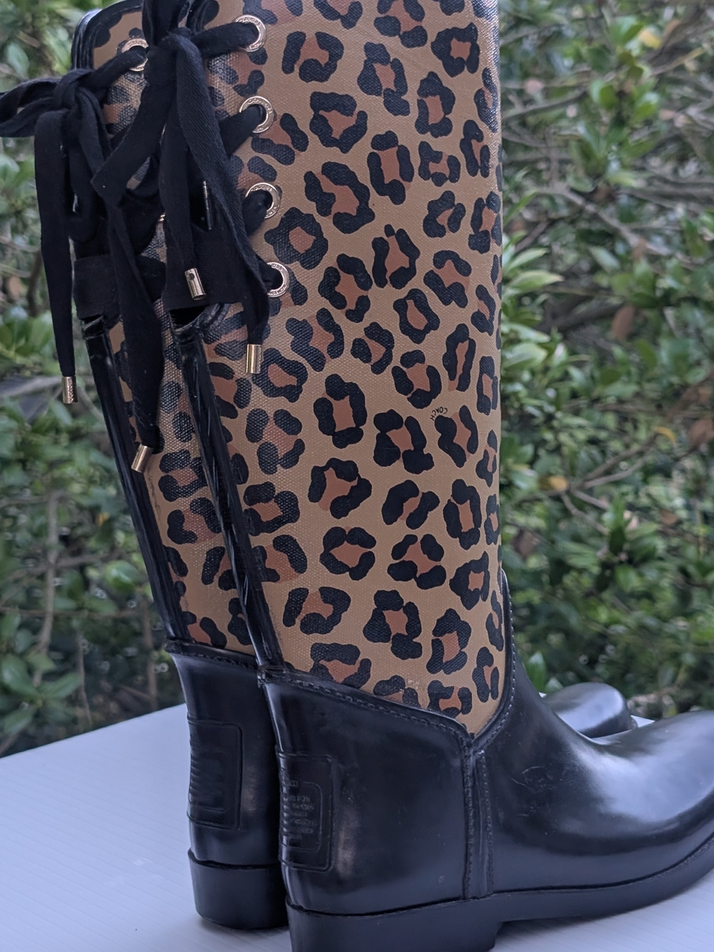 Coach Leopard Print Black & Tan Knee-High Rain Boots